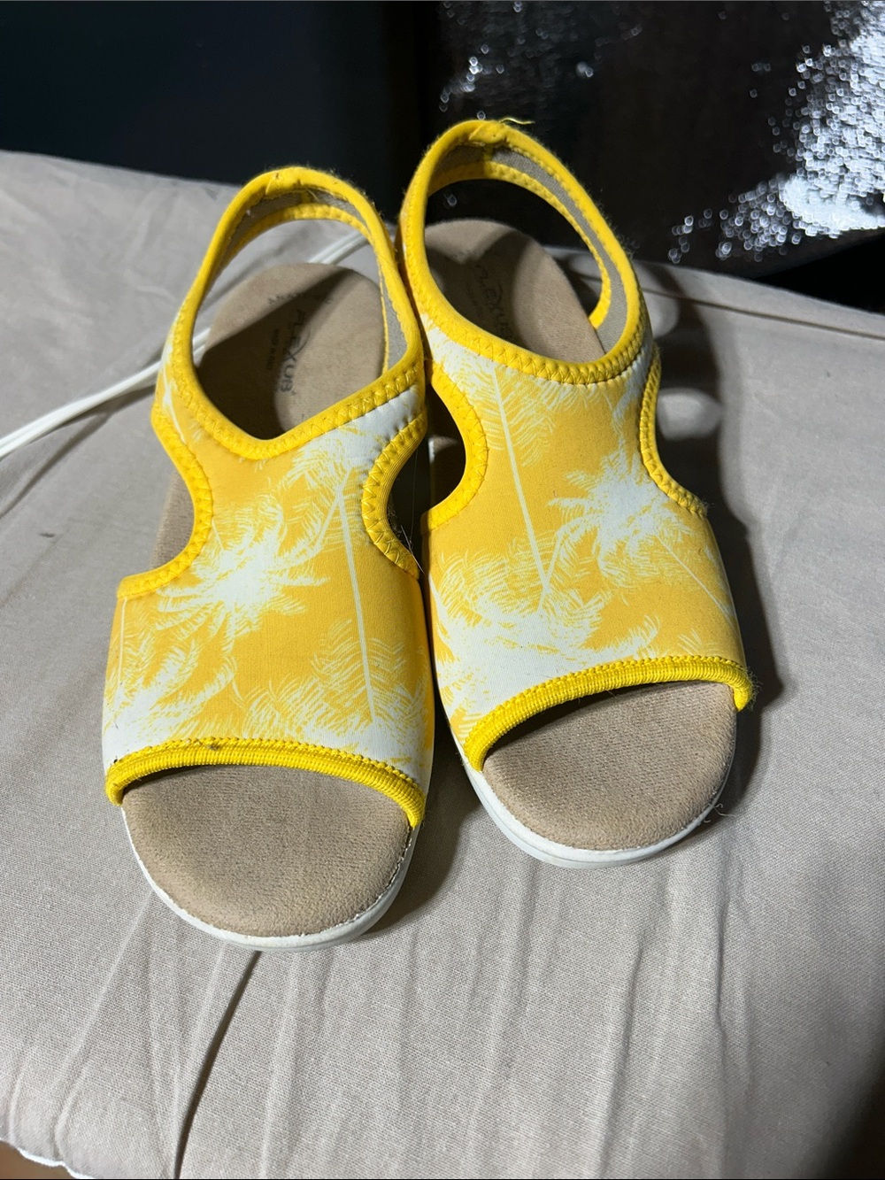 Yellow Palm-Print Slingback Sandals for Women